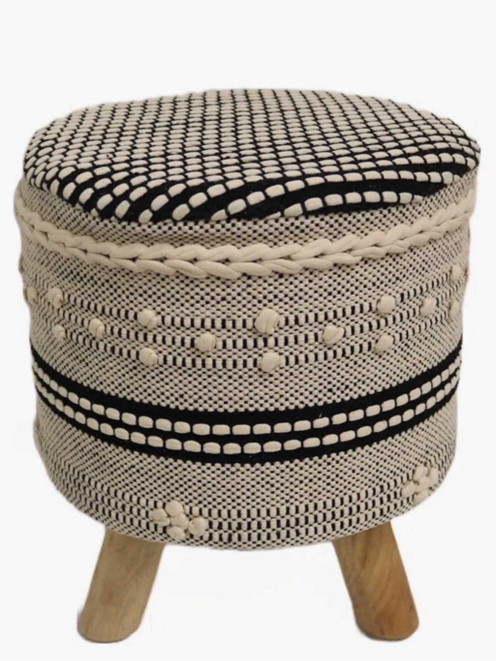 Handcrafted woven boho black and cream Pom Pom wood legs stool seat table NWT - Picture 6 of 14